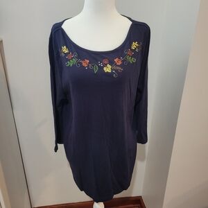 Basic Editions Embroidered Fall Leaves Navy Blue Long Sleeve Shirt | XL